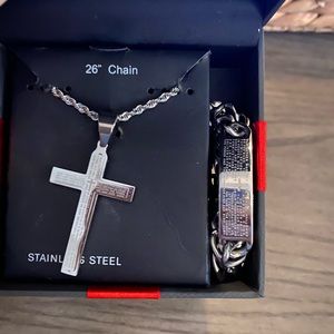 Men’s Stainless Steel Cross and Bracelet Set